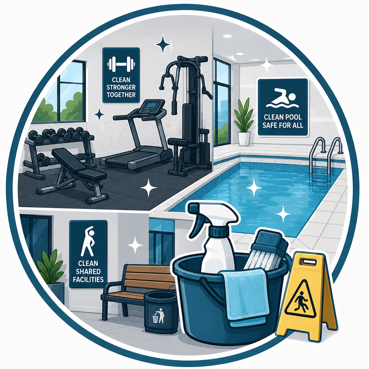 Cleaning gyms, pools and other shared facilities where required