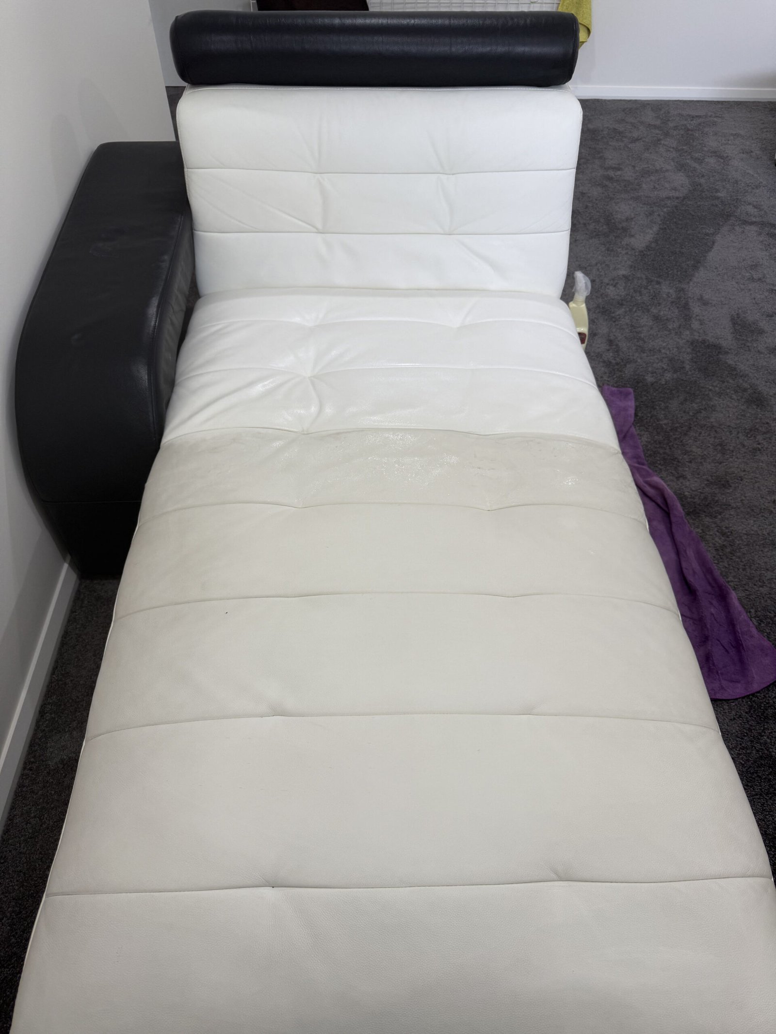 Clean white leather chaise after deep cleaning